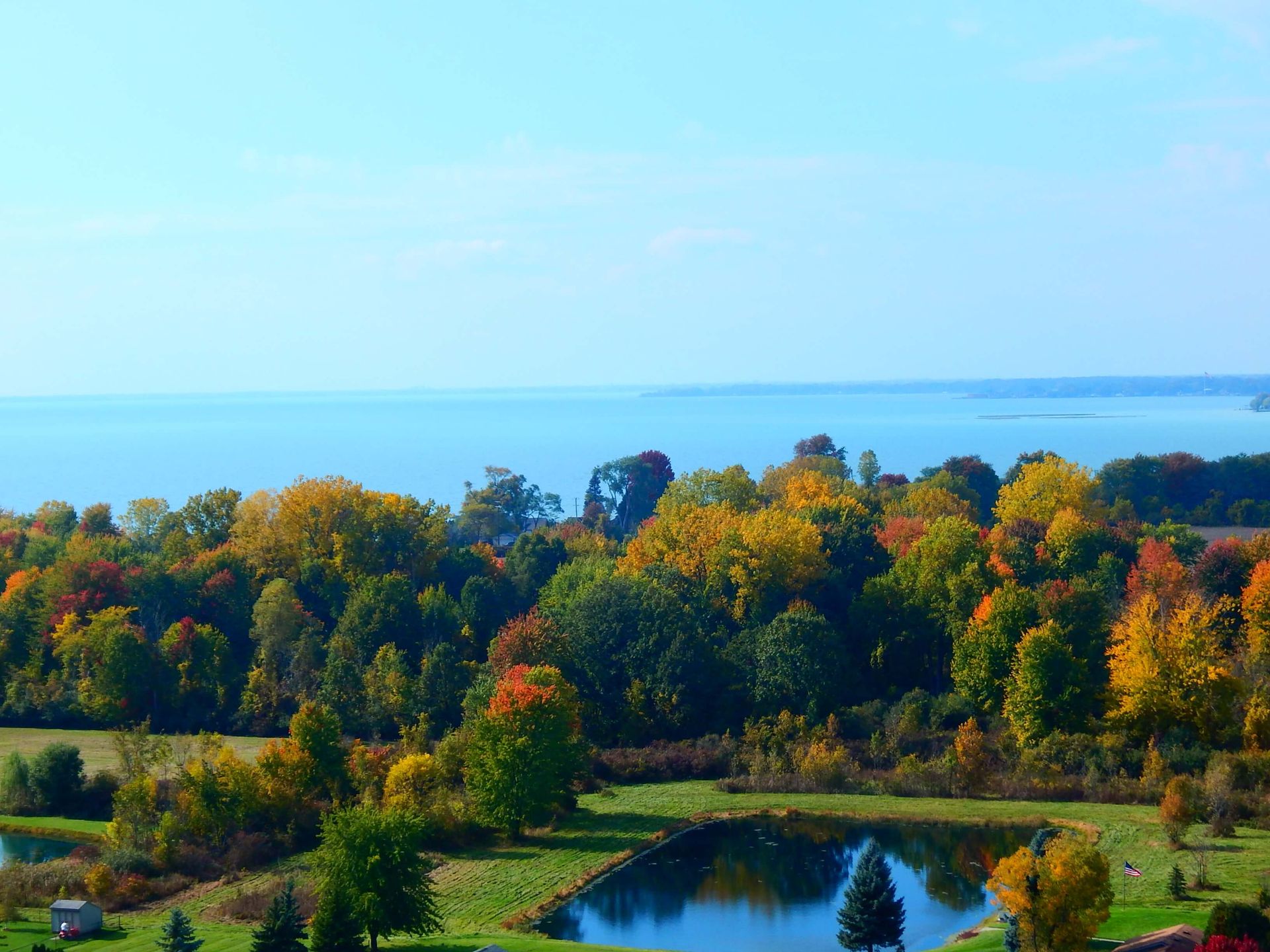 An aerial view of a lake surrounded by trees.