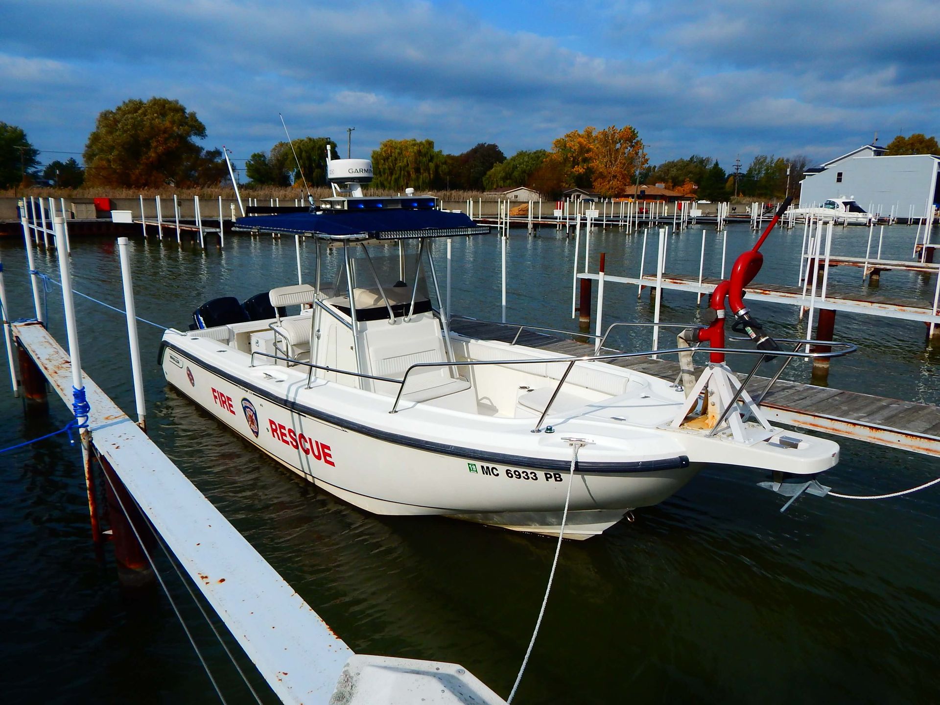 A boat with 'Fire Rescue' written on the side.
