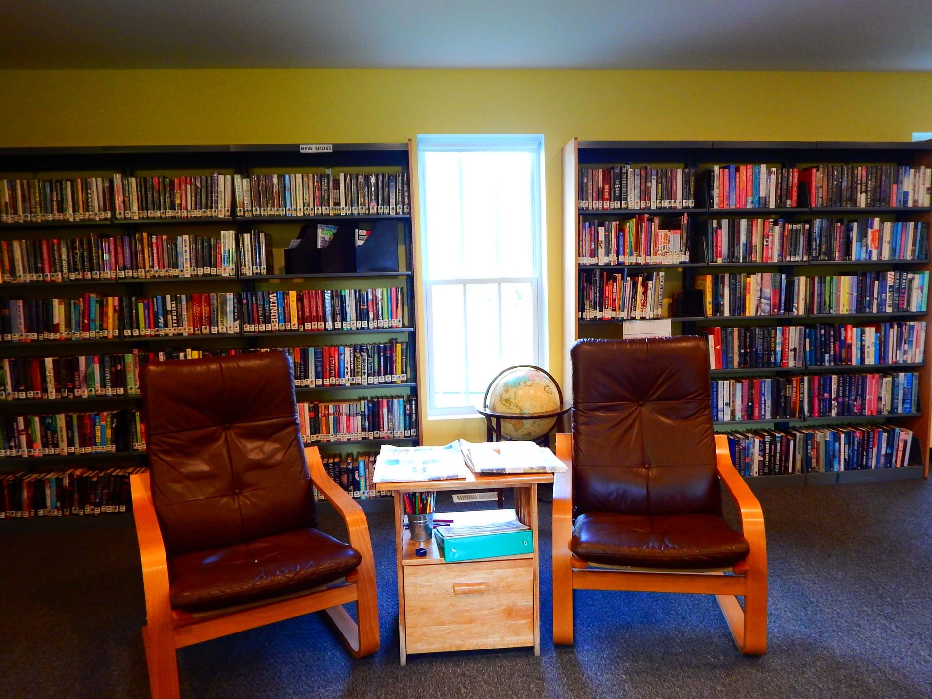 A library with two chairs and shelves full of books.