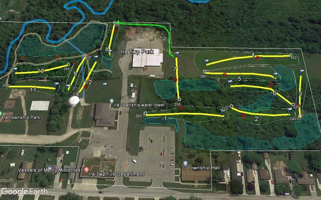 An aerial view of a park with a lot of trees