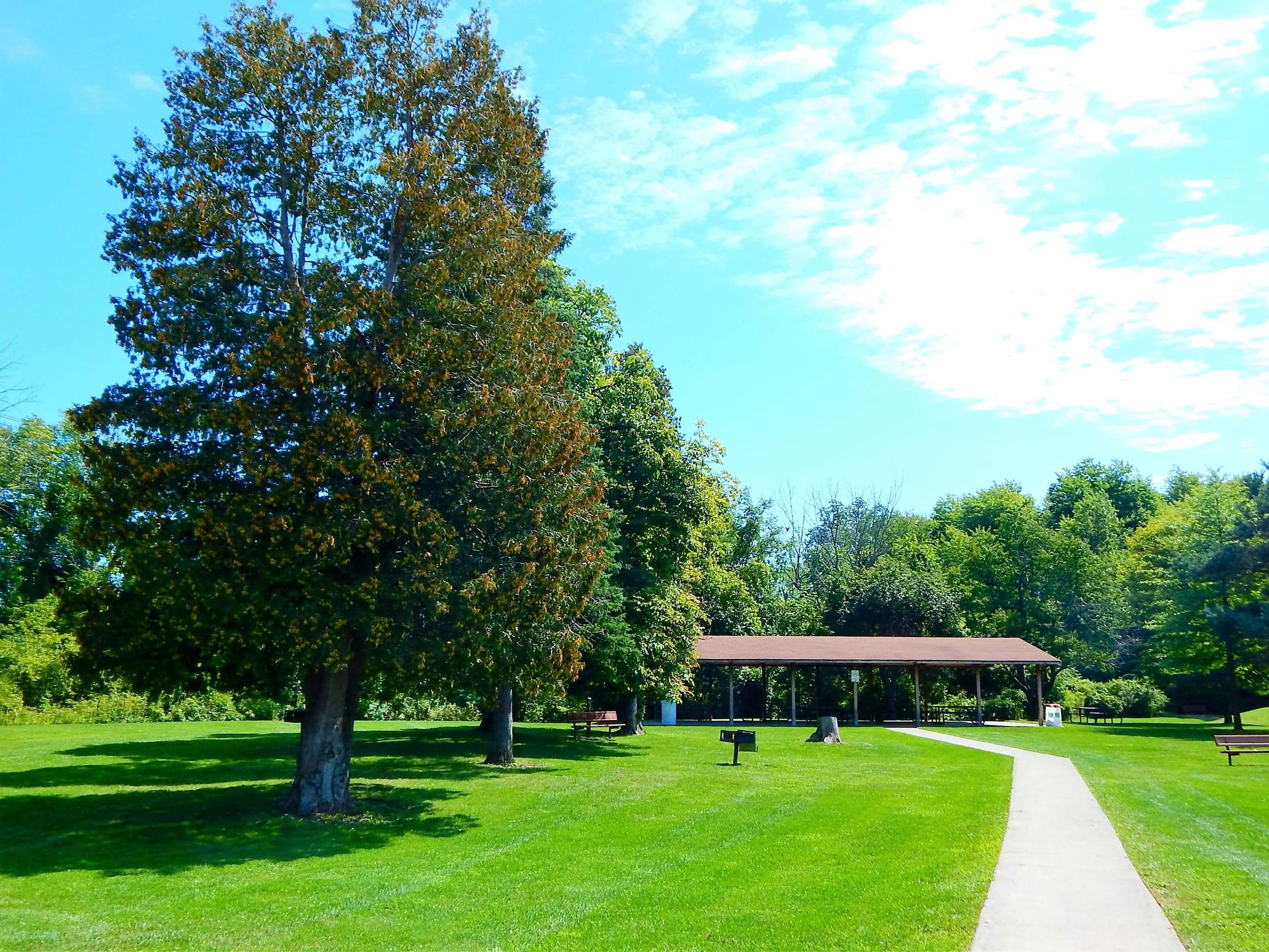 A path in a park with a shelter in the background.