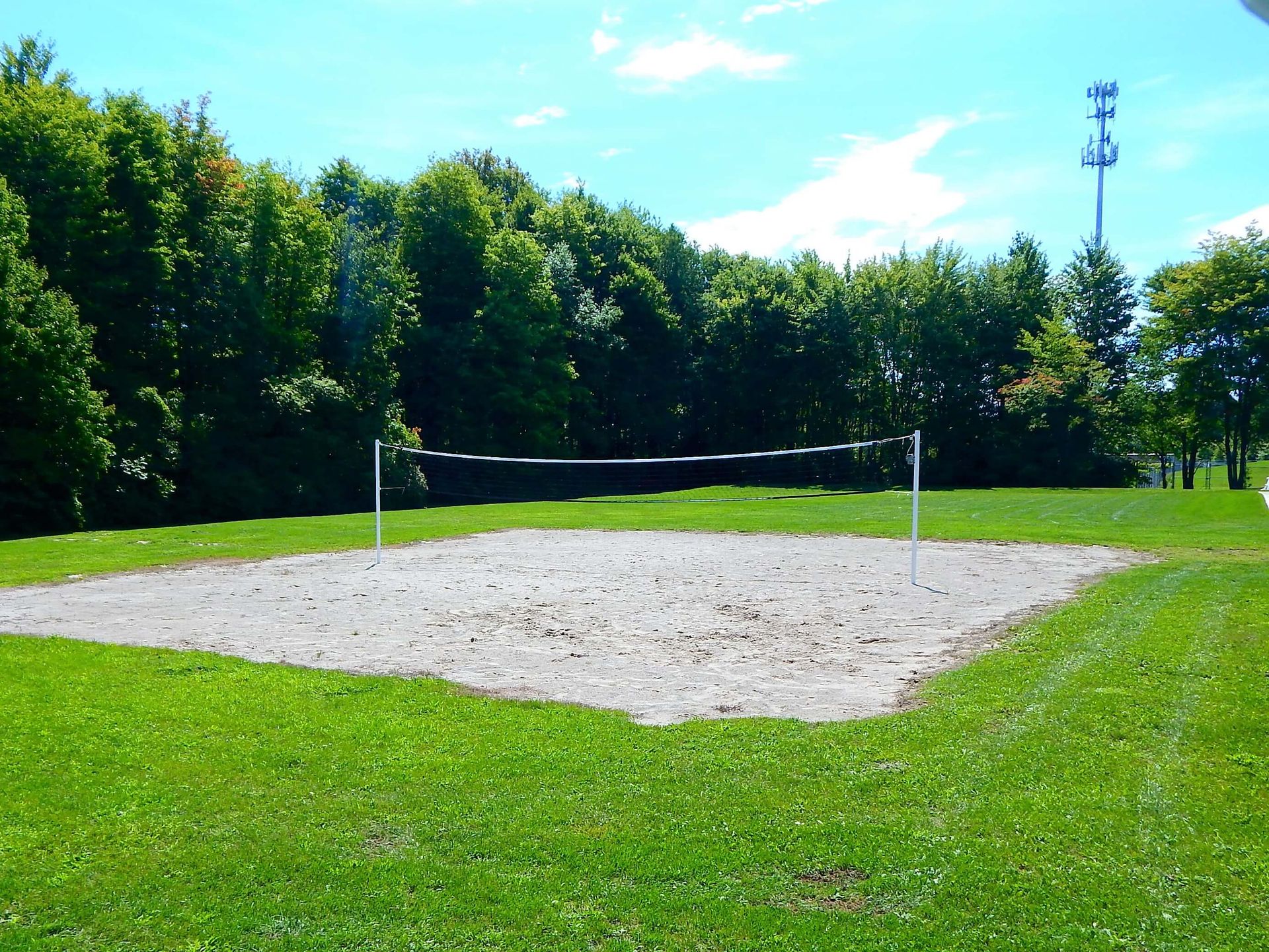 A sand volleyball court in a park with trees in the background.