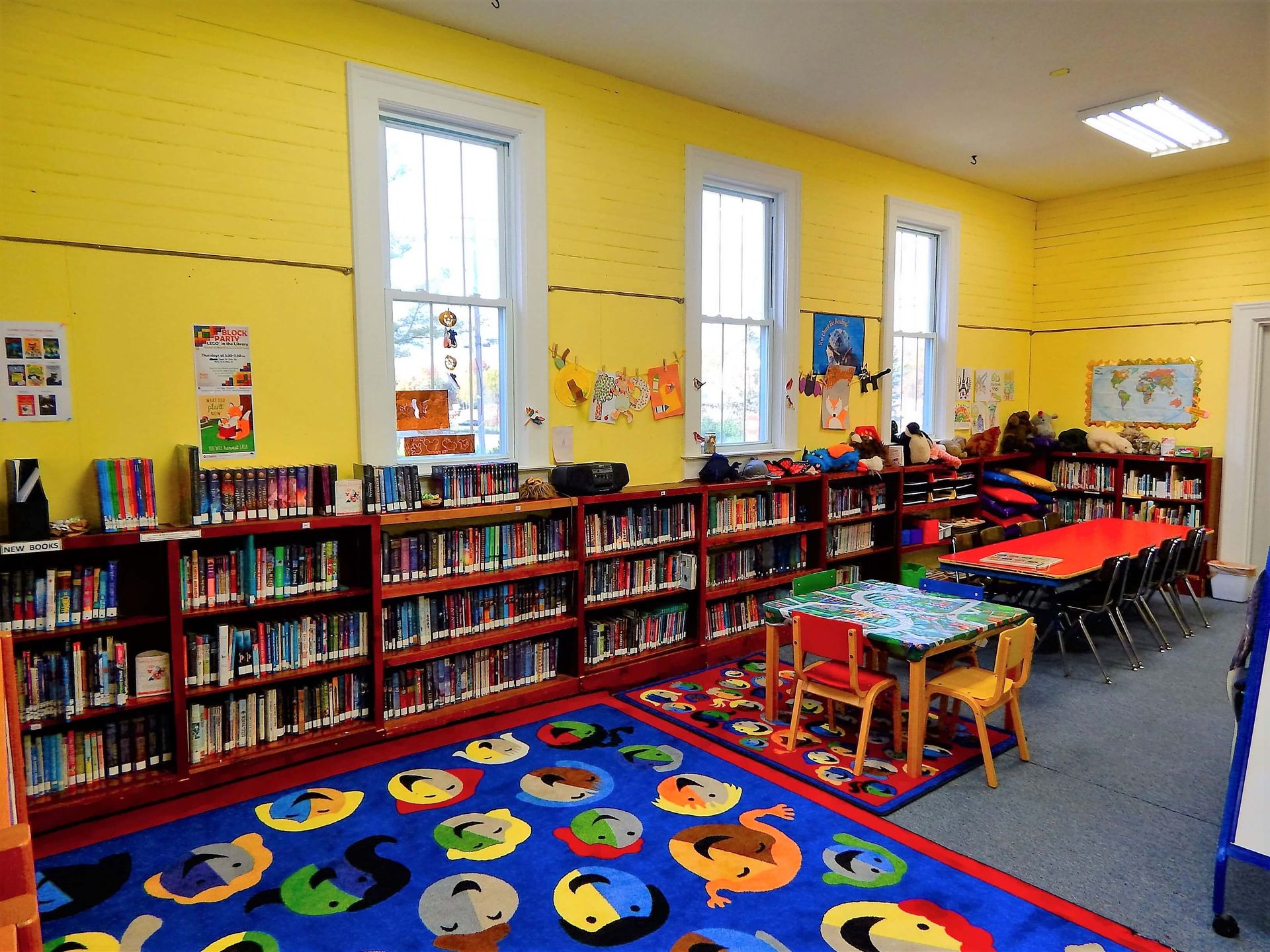A library with lots of books and a blue rug.