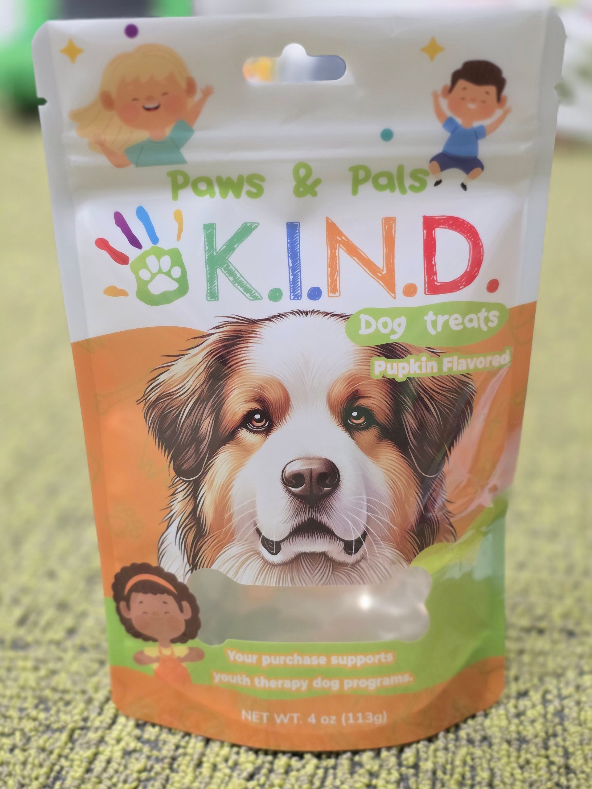 Dog treat bag with a dog image, text 