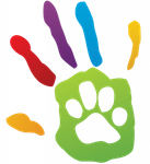 A colorful hand print with a paw print in the middle