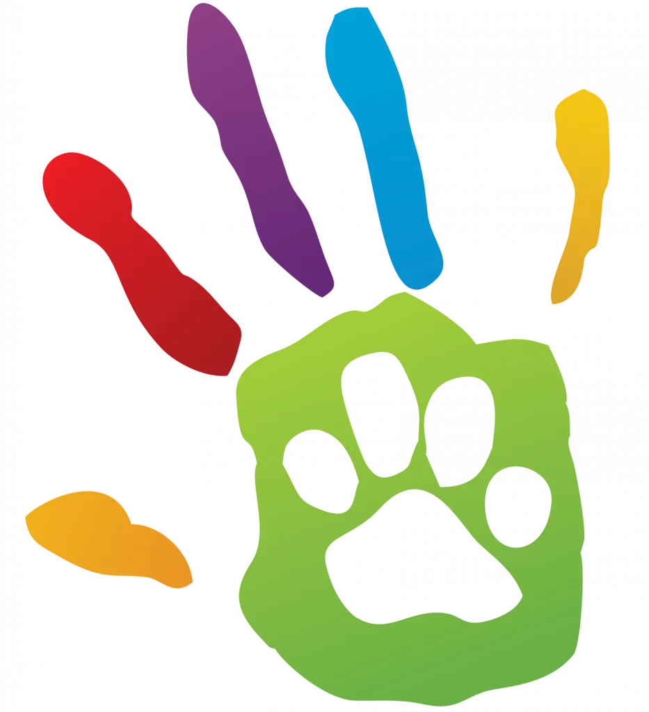 A colorful hand print with a paw print in the middle