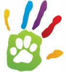 A colorful hand print with a paw print in the middle