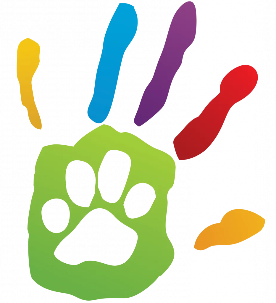 A colorful hand print with a paw print in the middle