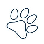 A line drawing of a paw print on a white background.