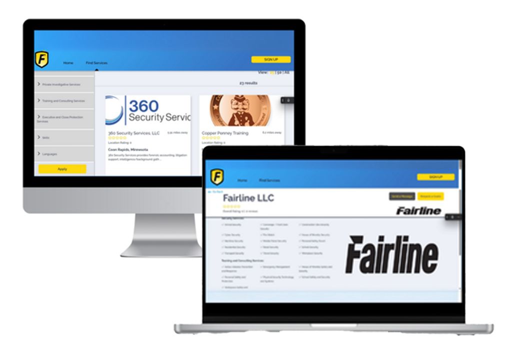 Two computer screens displaying a company website and mobile app interface.