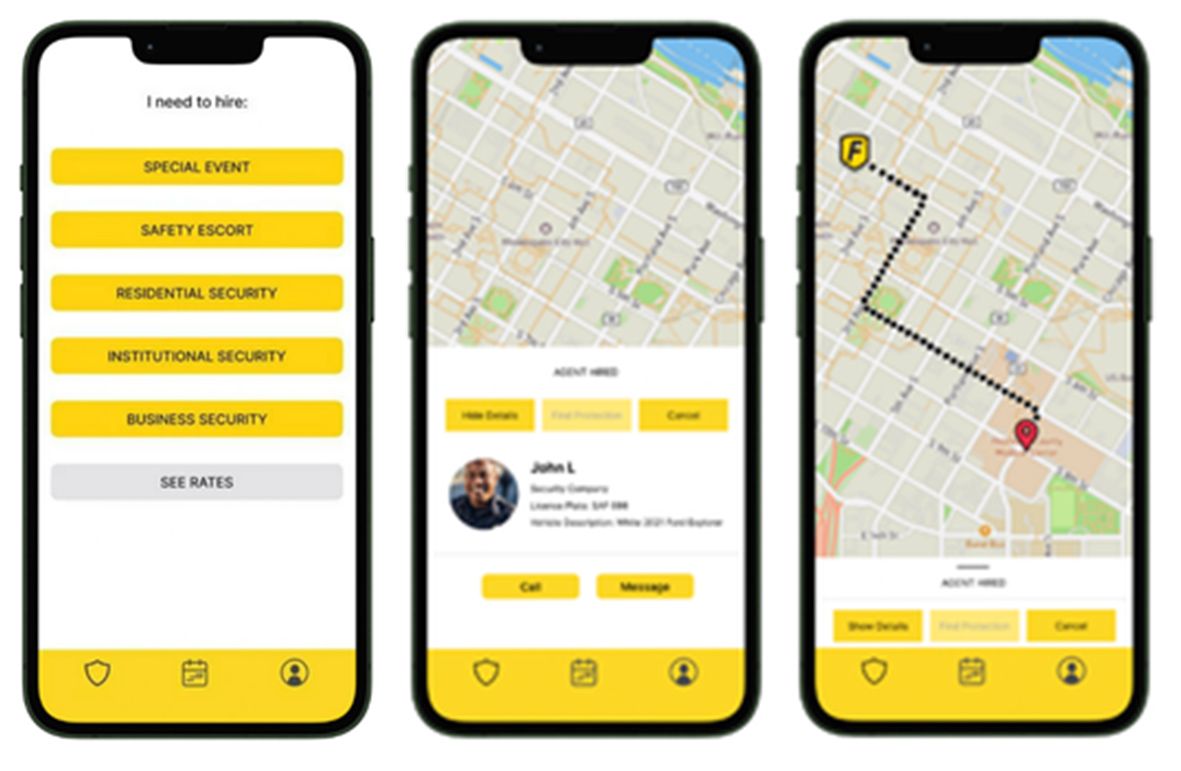 Three smartphone screens: menu for security services, profile with call/message buttons, and map with route to a location.