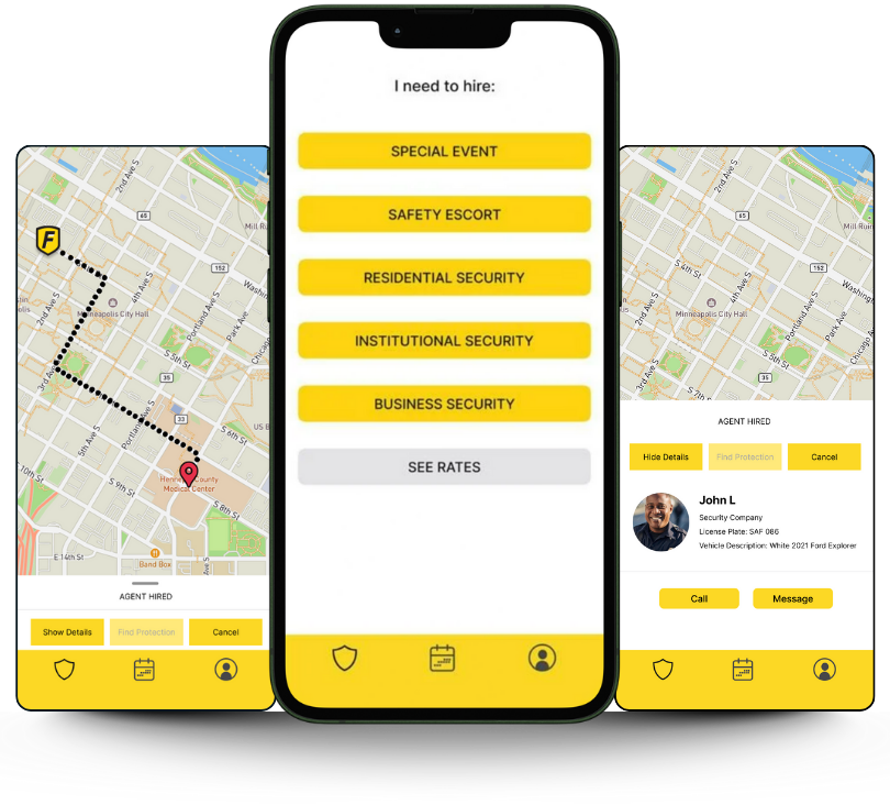 Mobile app interface showing security services selection: special events, security, residential, etc.