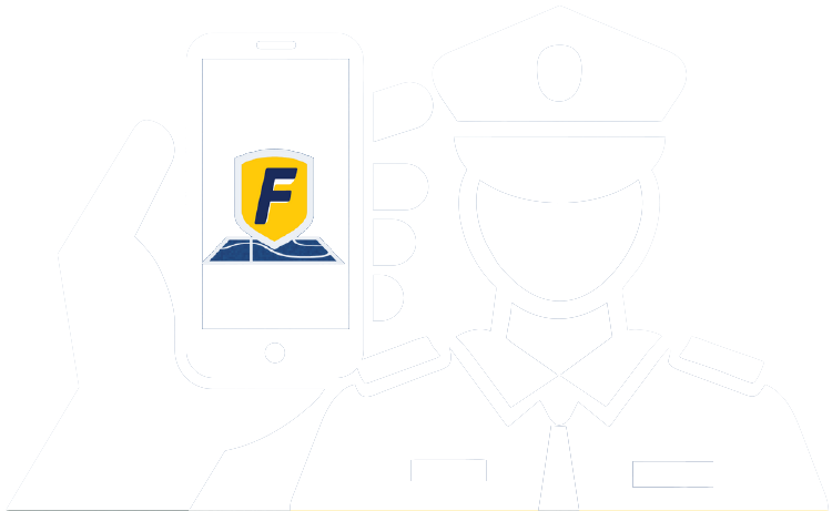 Phone displaying app logo held by person in uniform.