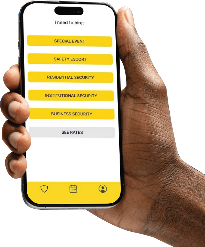 Hand holding phone displaying security service options: Special Event, Safety Escort, Residential, Institutional, Business.
