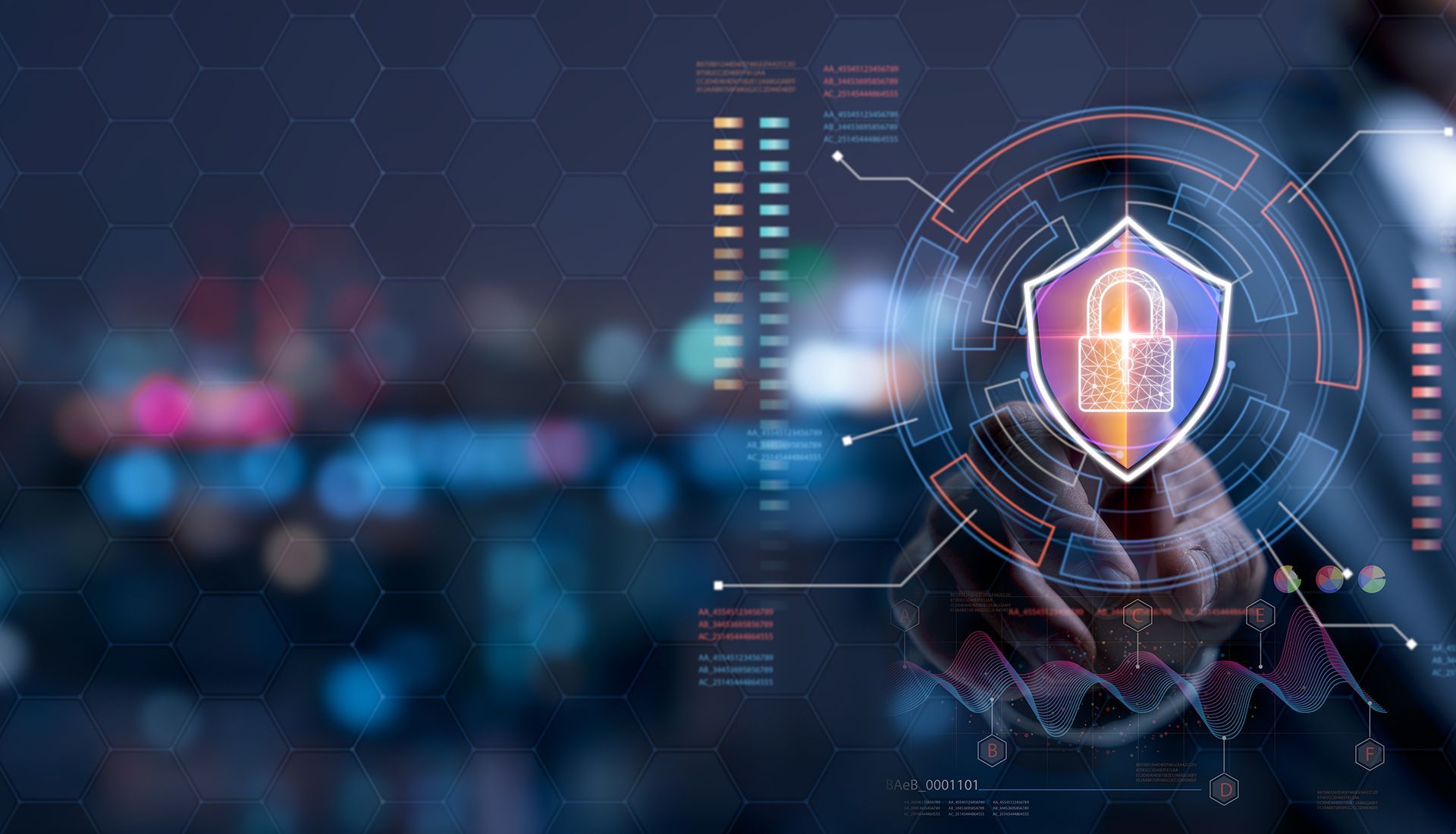 Man's finger touches a digital security shield with a padlock icon, against a blurred cityscape background.