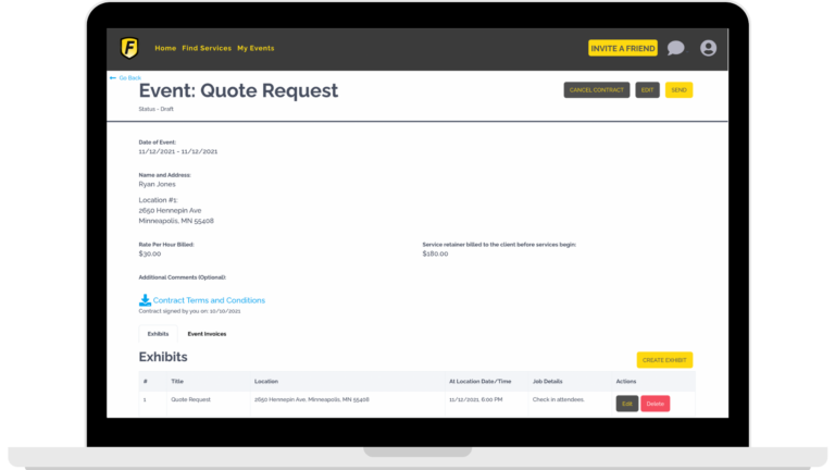 Laptop screen showing an event quote request form with exhibit details.