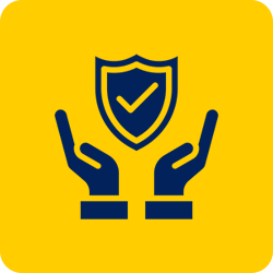 Hands cupping a blue shield with a checkmark on a yellow background.