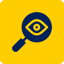 Blue magnifying glass over an eye icon on a yellow background.