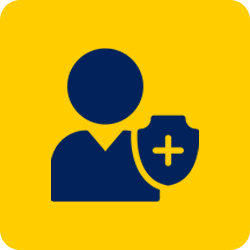 Blue person icon with a shield and plus symbol on yellow background.