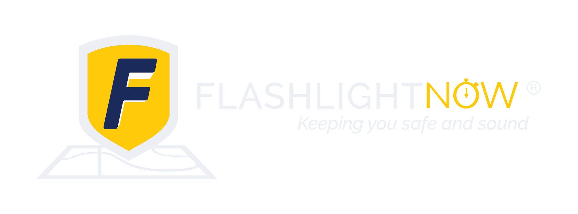 Logo for Flashlight Now with a yellow shield, blue 