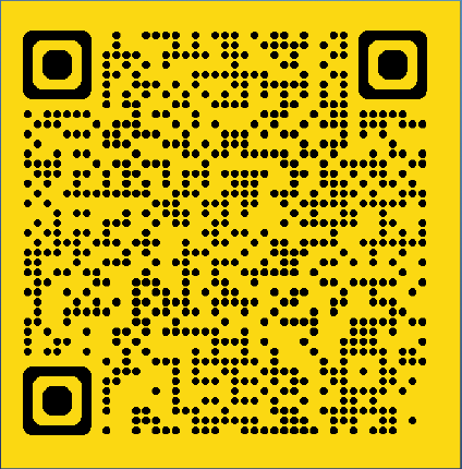 QR code: black and yellow, squares and dots pattern for digital information access.