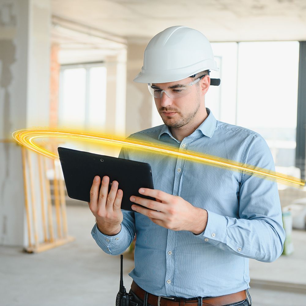 Construction worker in a hard hat, examining a tablet on a construction site; a glowing yellow loop overlays the tablet.