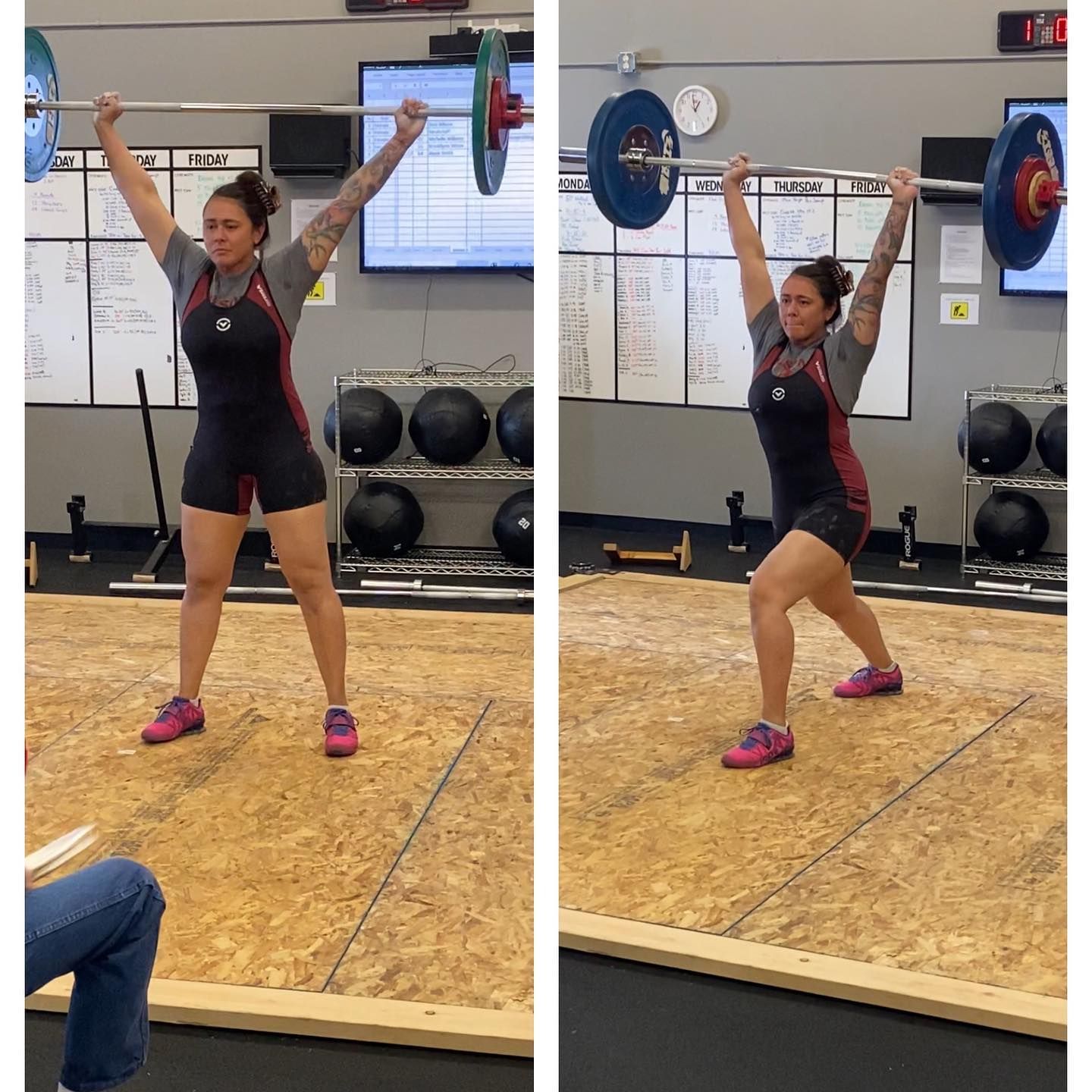 Weightlifter in black and red uniform, overhead press, right split stance, gym setting.