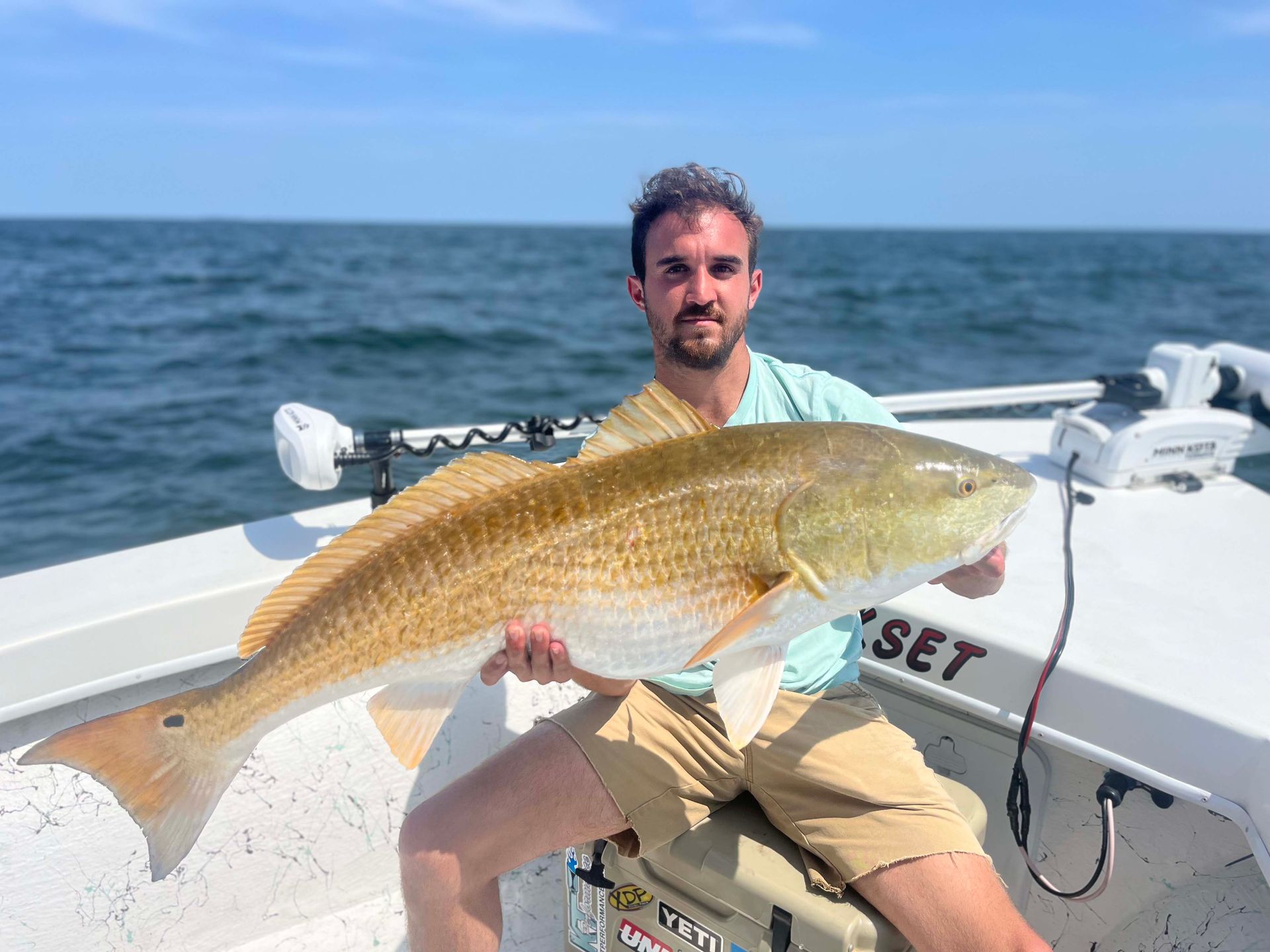 A man is sitting on a boat holding a large redfish.