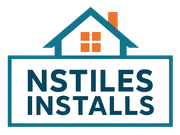 Logo for NSTILES INSTALLS: Blue house icon above text "NSTILES INSTALLS" within a teal rectangle. Orange chimney.