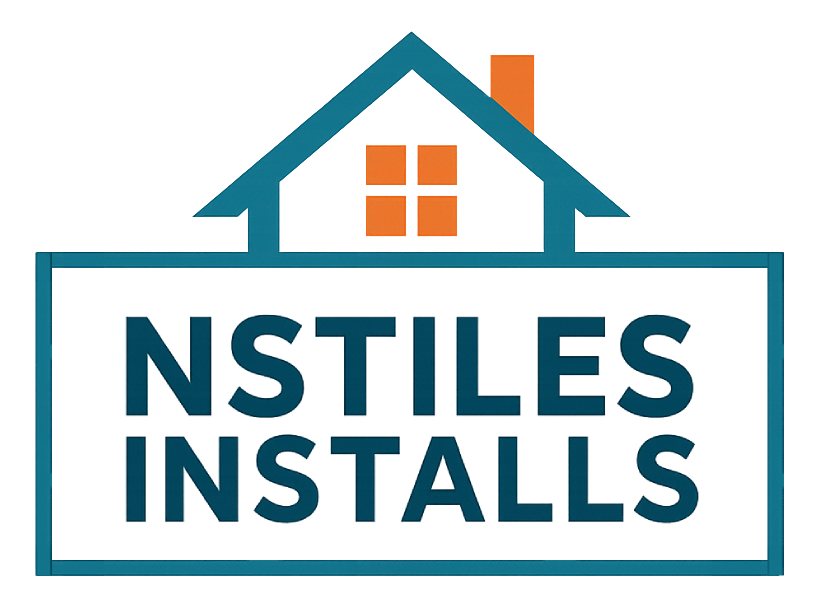 Logo for NSTILES INSTALLS: Blue house icon above text "NSTILES INSTALLS" within a teal rectangle. Orange chimney.