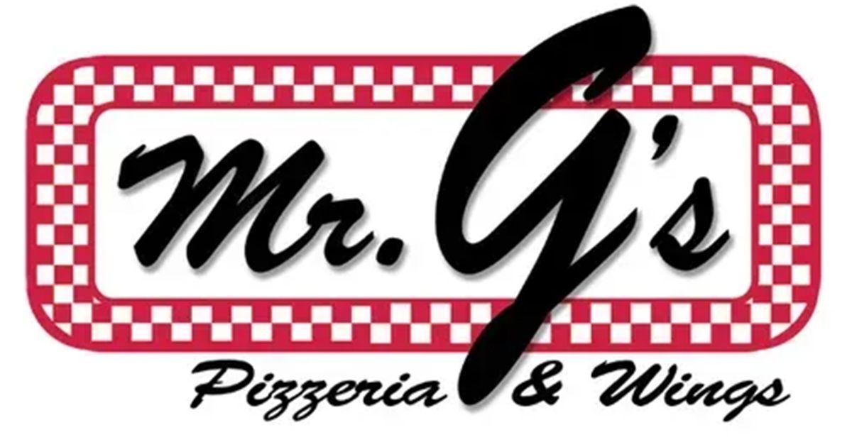 Mr. G's Pizzeria & Wings logo: Black script text over a red and white checkered border.
