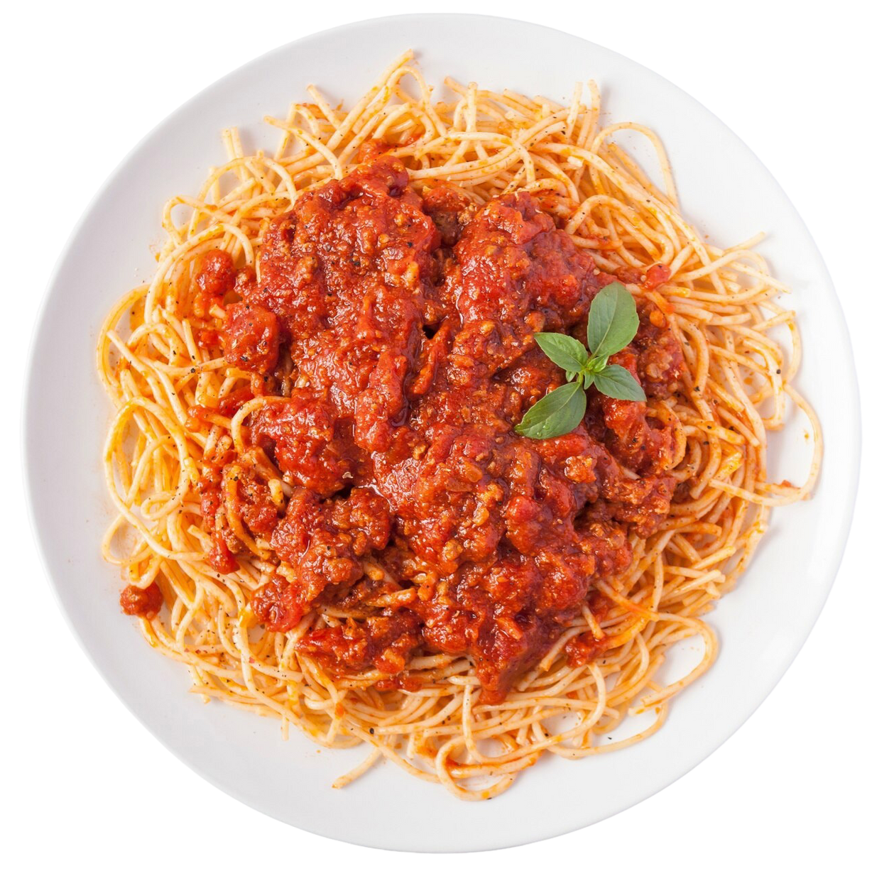 Spaghetti with red meat sauce on a white plate, topped with basil.