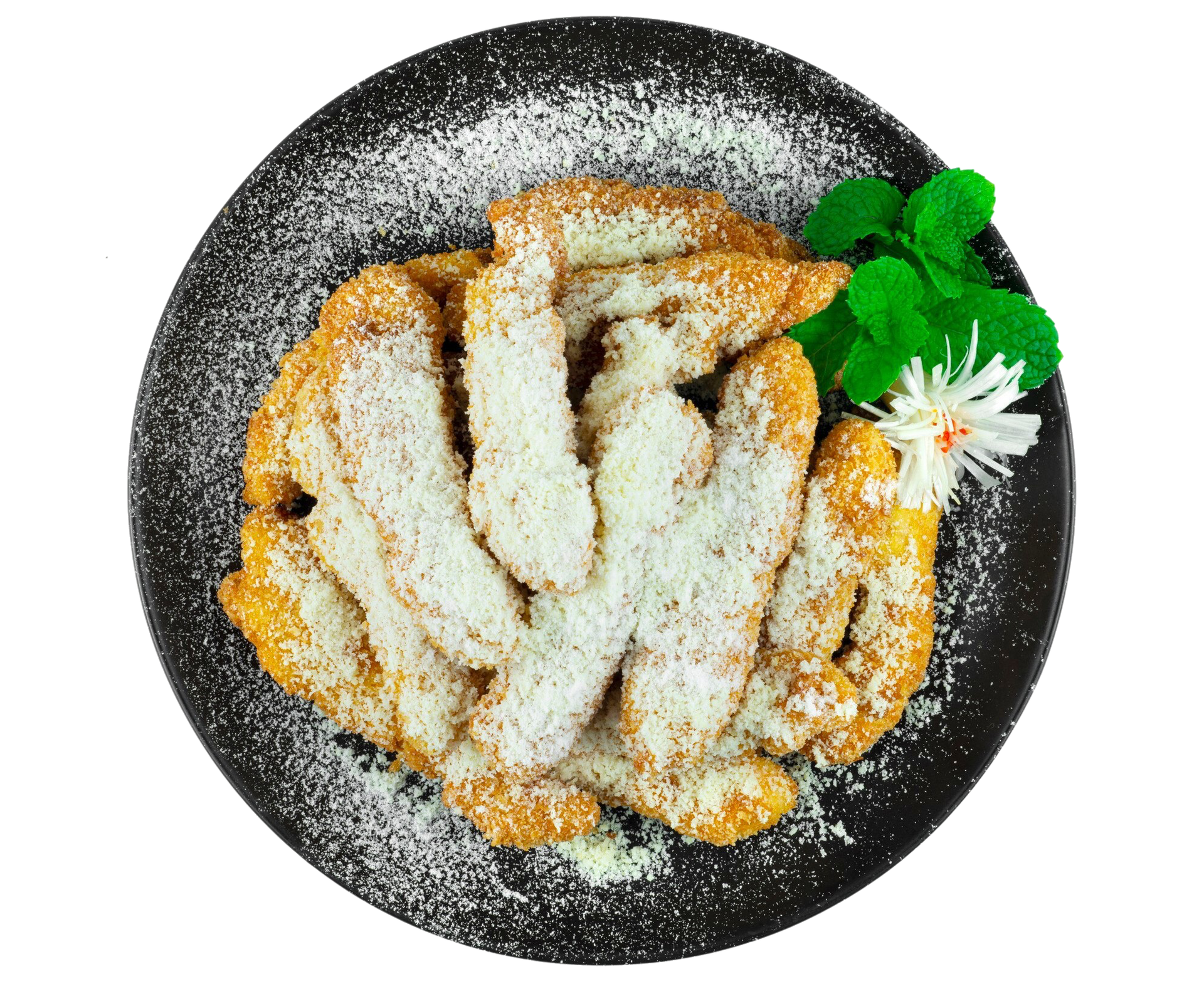 Golden fried pastries dusted with powdered sugar on a black plate, garnished with mint and a white flower.