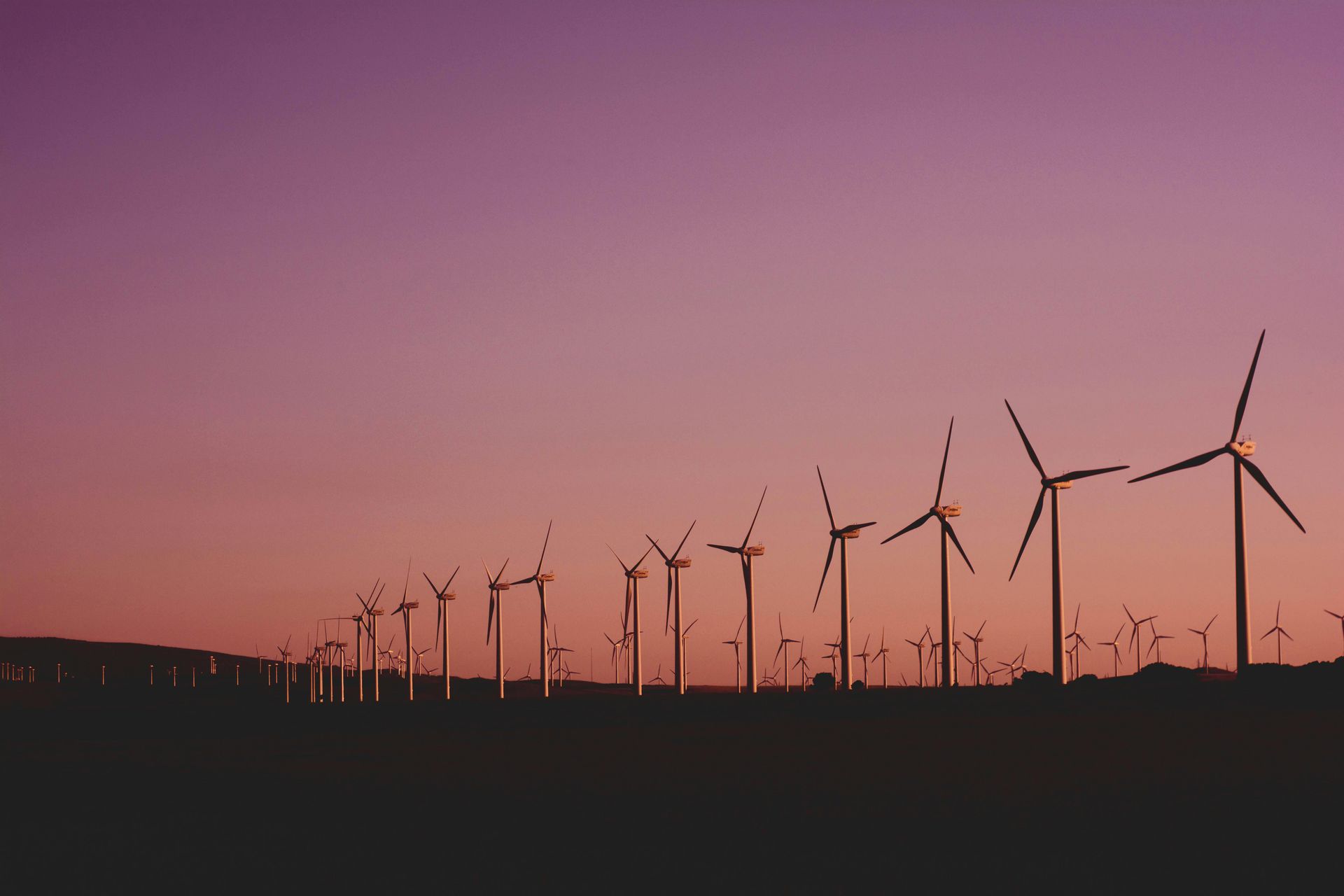 A row of wind turbines against a purple sky at sunset.