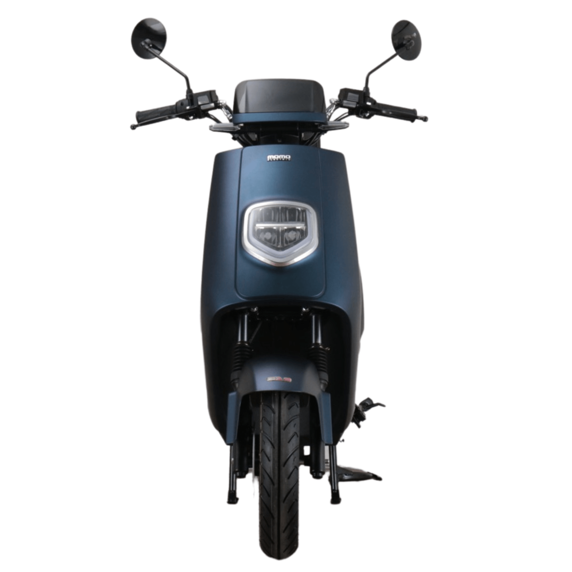 Blauwe elektrische step, frontaal zicht. Met ronde koplamp, spiegels en stuur.