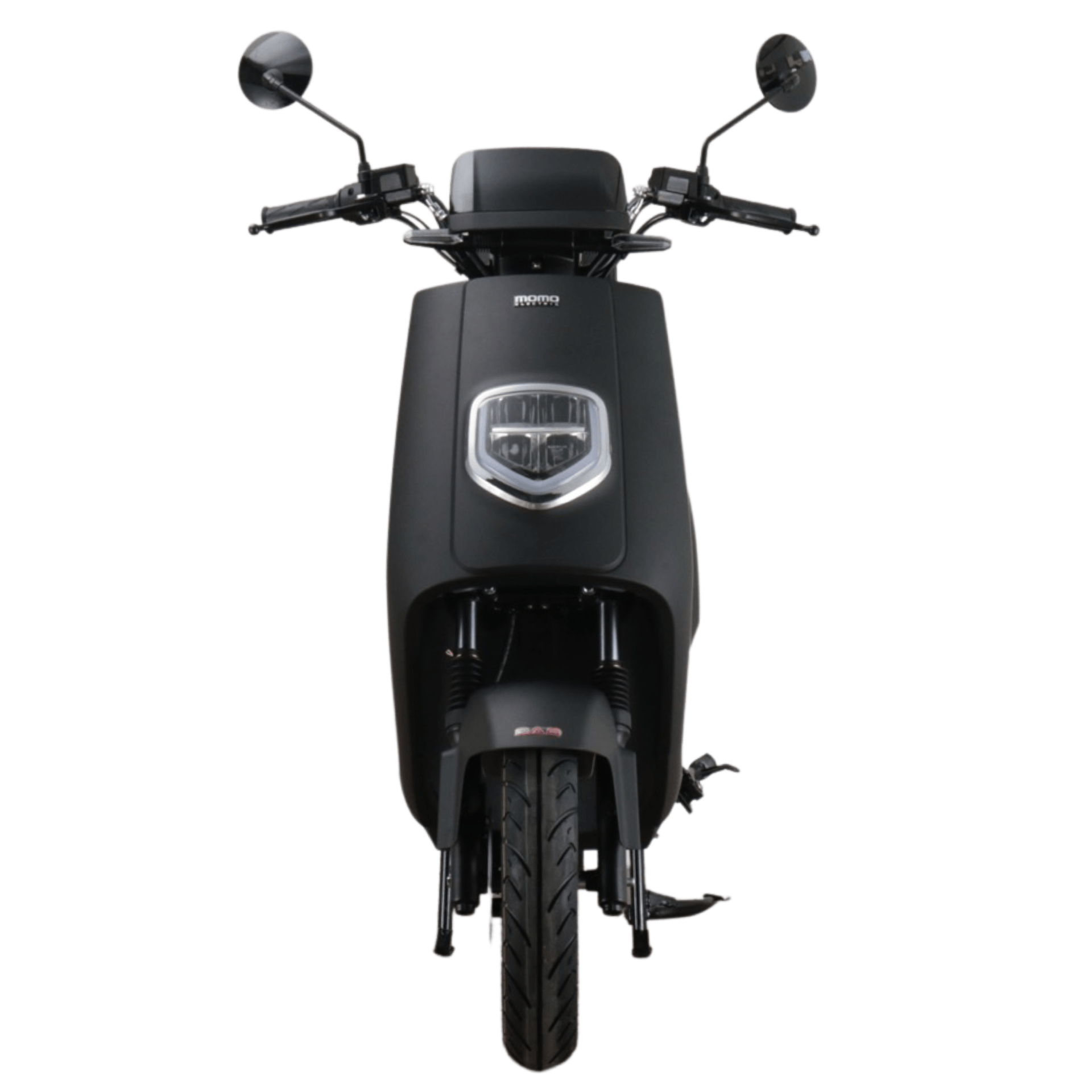 Zwarte elektrische scooter, vooraanzicht, met ronde koplampen, zijspiegels en stuur.