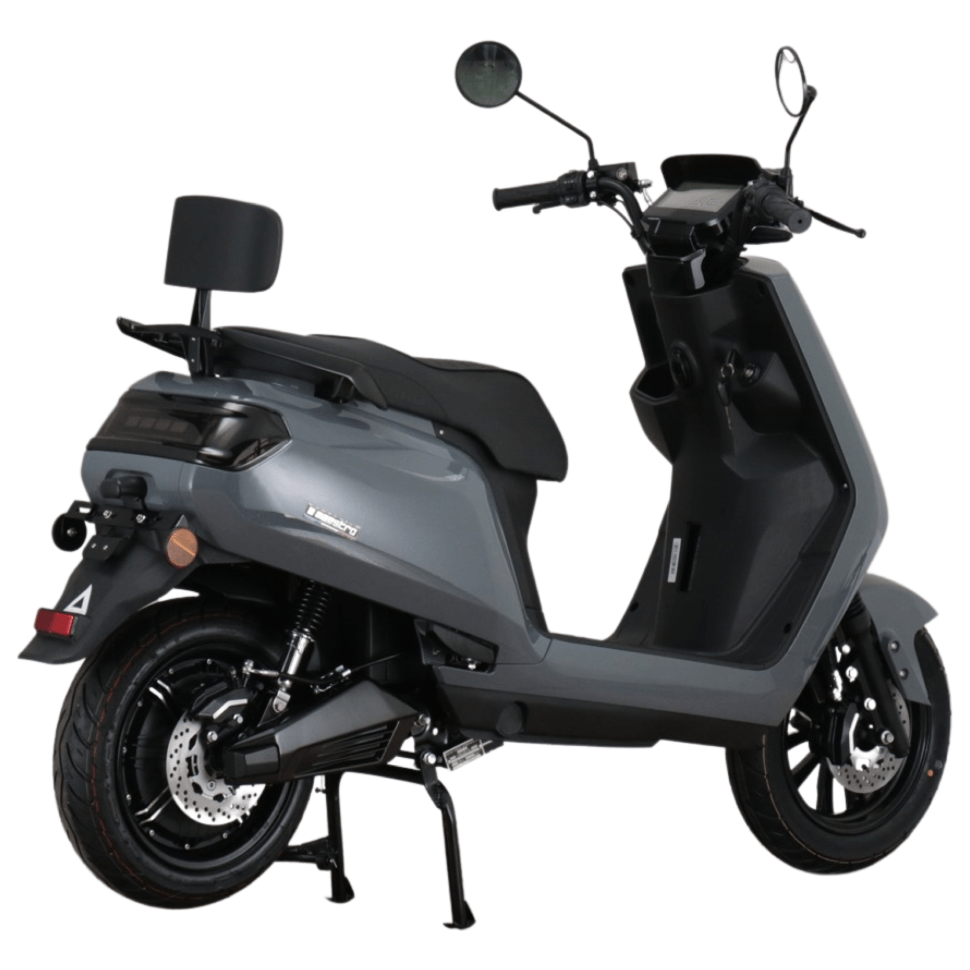 Grijze elektrische step met zwarte wielen, zadel en stuur. Inclusief achteruitkijkspiegel en rugleuning.