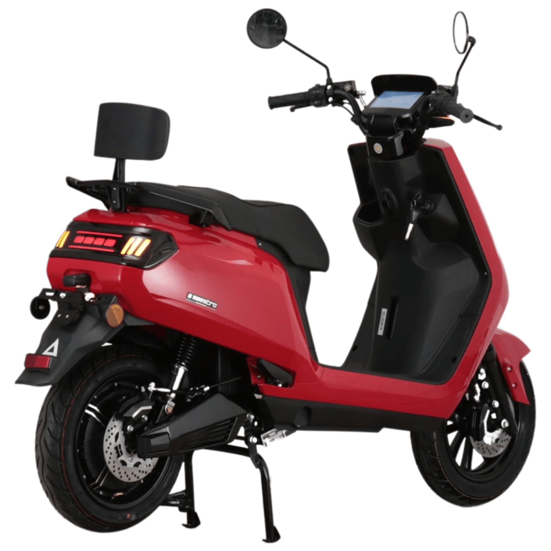 Rode elektrische step met zwarte banden, zadel en stuur. Inclusief rugleuning en digitaal display.