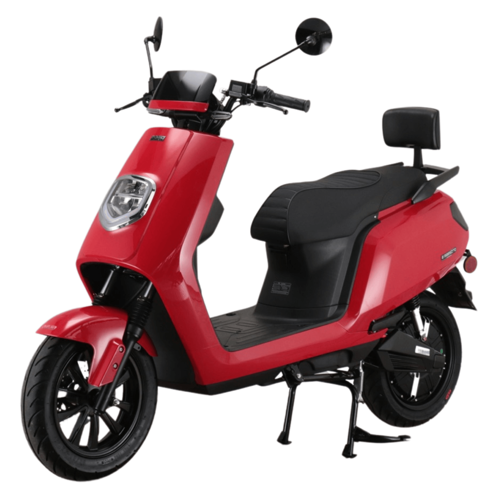 Rode elektrische scooter met zwarte banden en zadel, geparkeerd buiten.