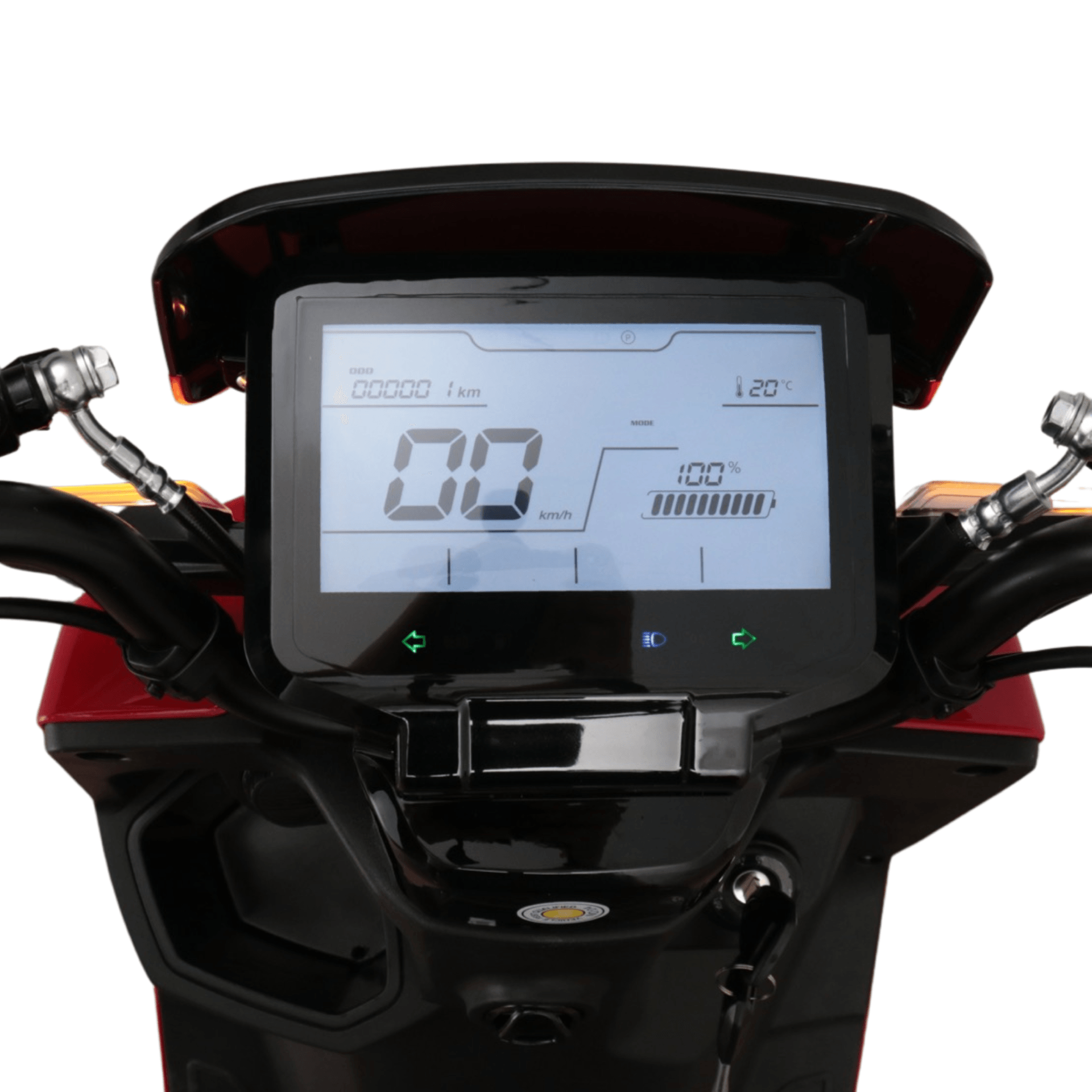 Dashboard van een rode elektrische scooter, waarop de snelheid, afstand, batterijniveau en indicatielampjes worden weergegeven.