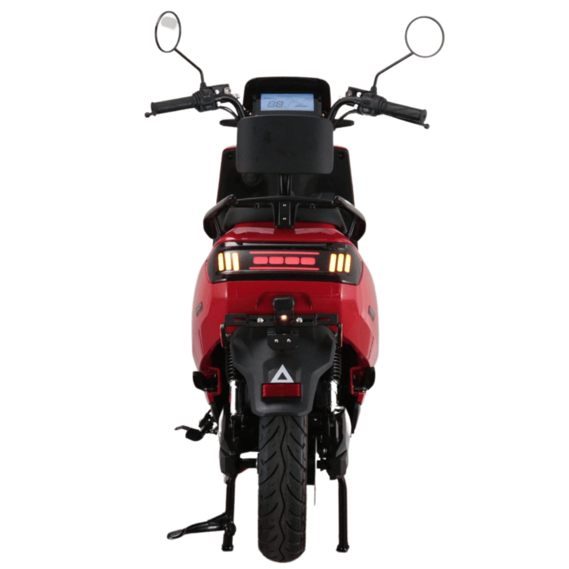 Rode elektrische scooter, van achteren gezien, met een digitaal display, verlichting en spiegels tegen een witte achtergrond.