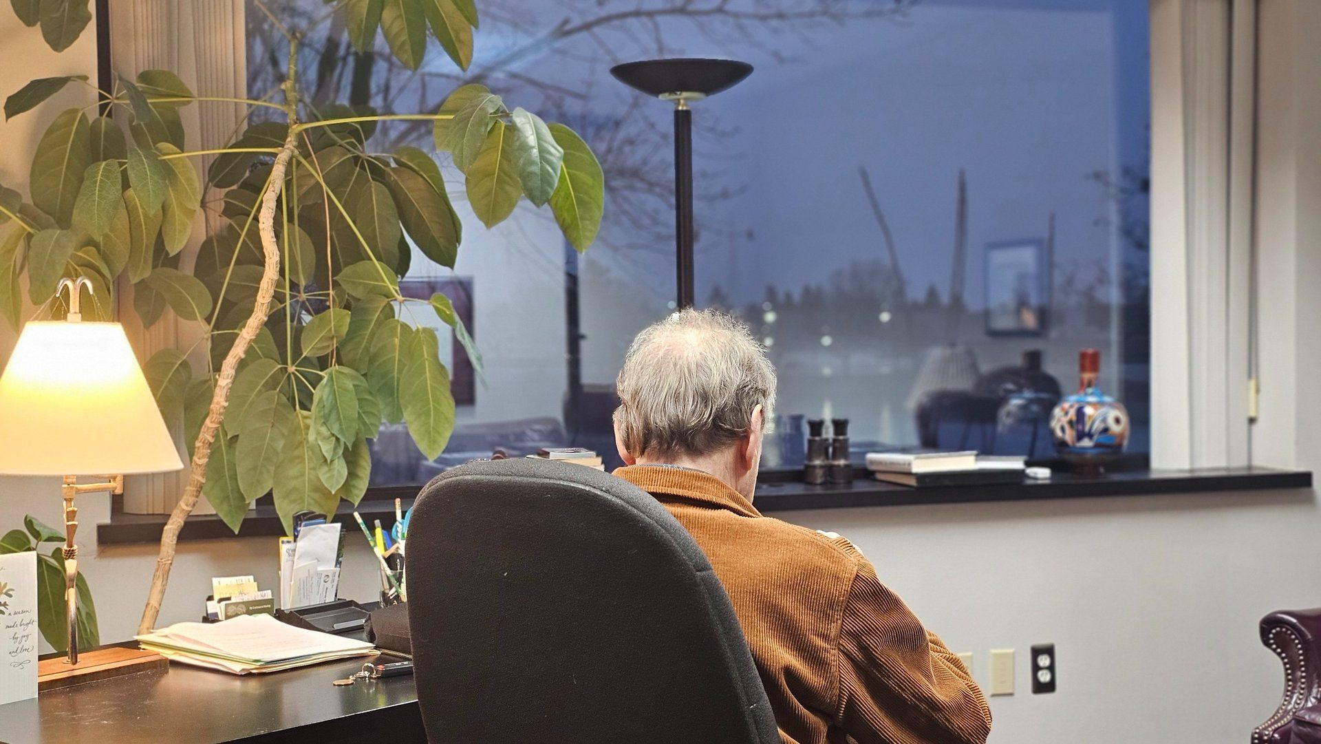 Man seated at a desk, looking out a window. Office with a desk lamp and a large plant.