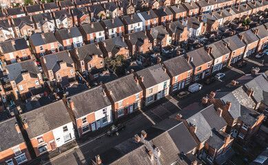 An aerial view of a row of houses in a residential area.