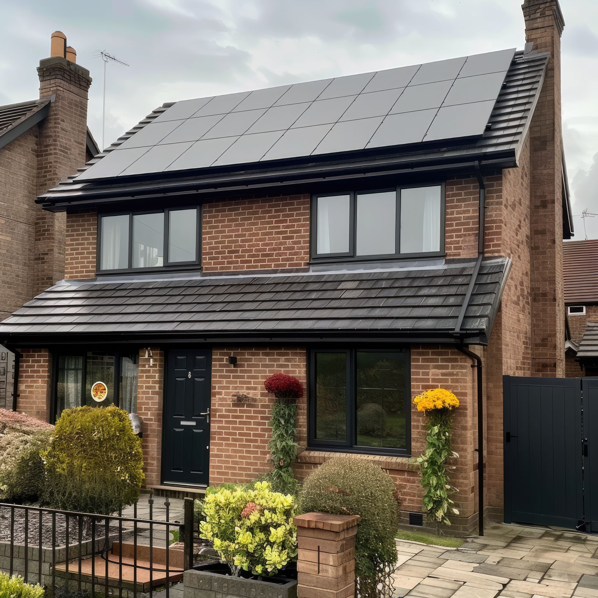 A brick house with solar panels on the roof