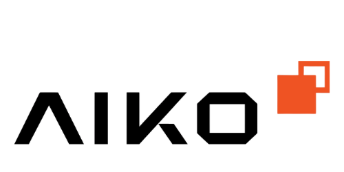 A black and orange logo for a company called aiko