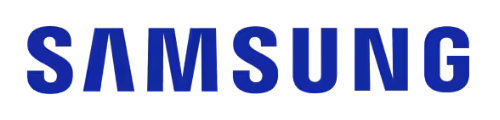 A blue samsung logo on a white background