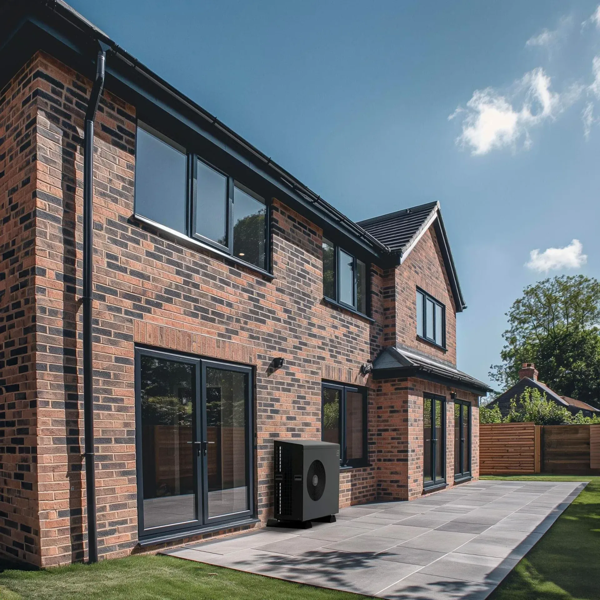 A large brick house with a black air conditioner in front of it.