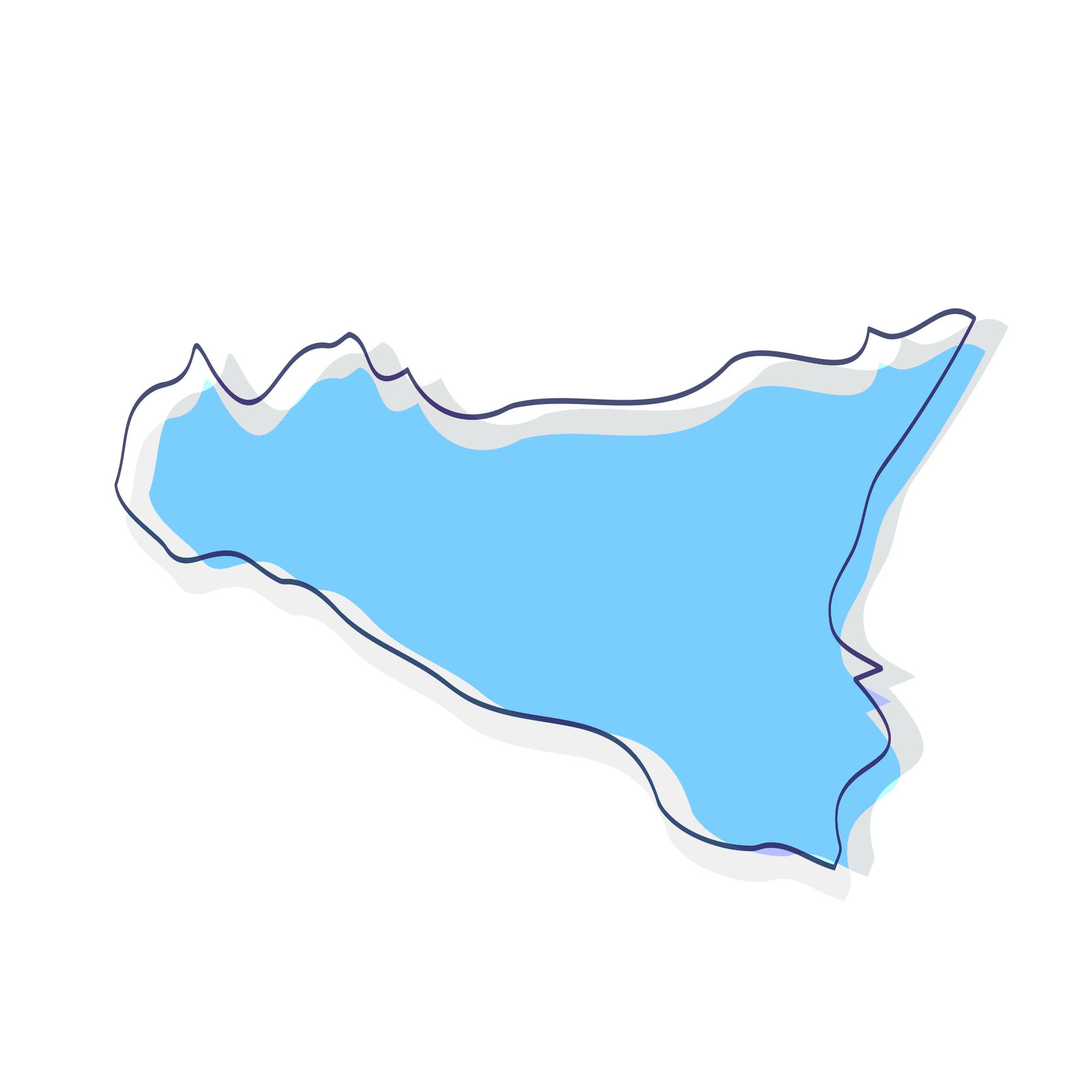 Una mappa blu e bianca dell'Italia su uno sfondo bianco.