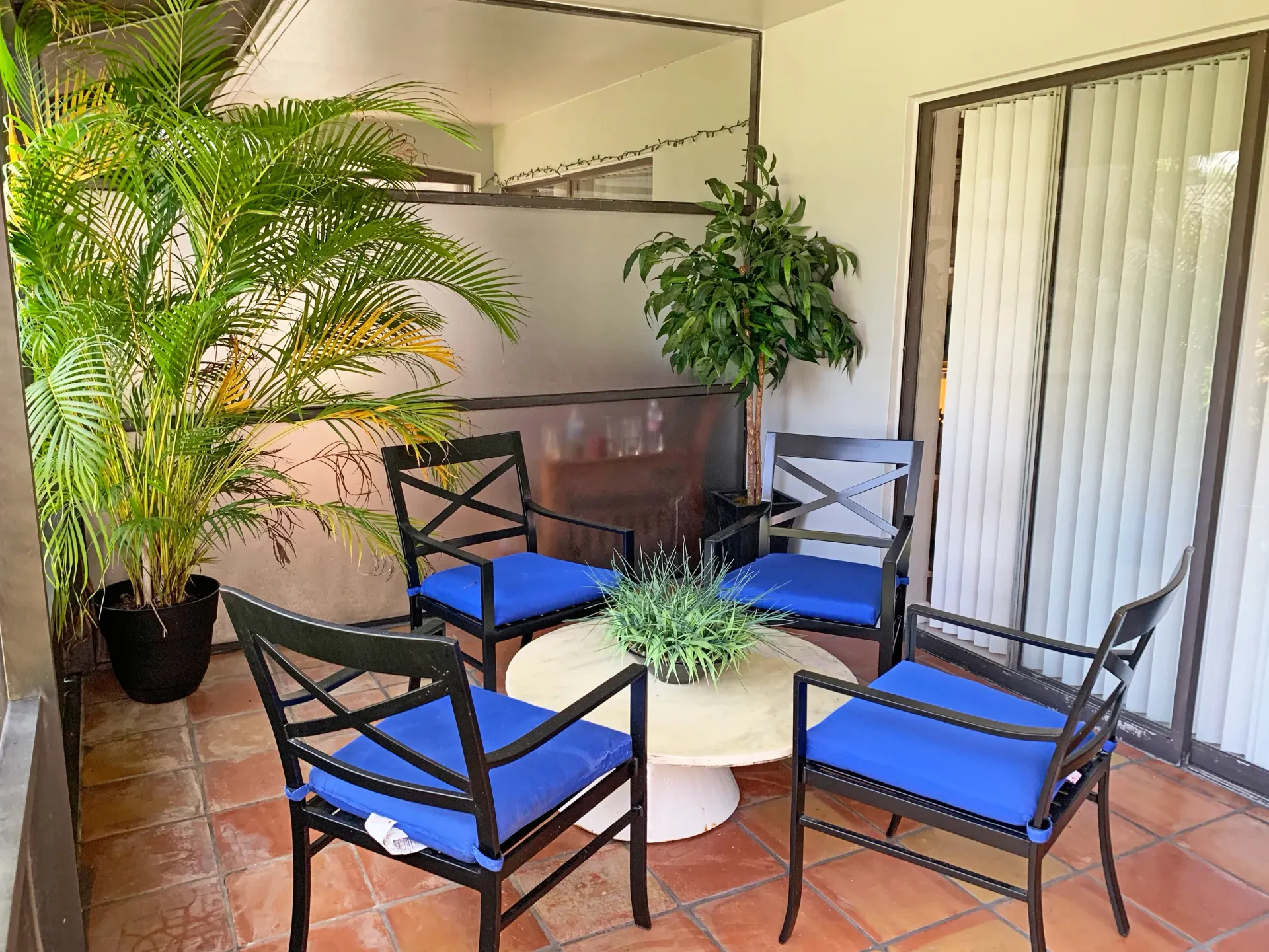 Patio with black chairs, blue cushions, a round table, and potted plants.