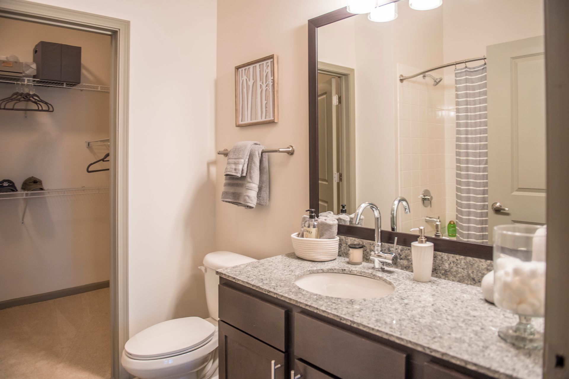 Bathroom with granite countertop, sink, toilet, mirror, closet.